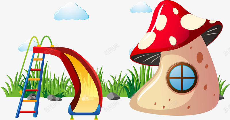 手绘蘑菇房子png免抠素材_新图网 https://ixintu.com 手绘 滑梯 童话故事 蘑菇房子