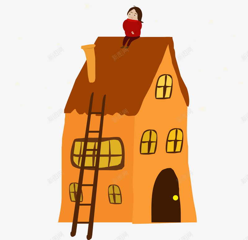卡通房子上的孩子psd免抠素材_新图网 https://ixintu.com 免抠房顶上的女孩 卡通 房子上的孩子 梯子 楼房 黄色的房子
