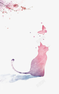 粉色康乃馨手绘插画水彩猫咪高清图片
