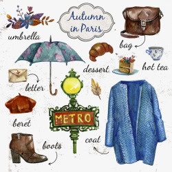信件靴子画家帽12款水彩绘秋季巴黎高清图片
