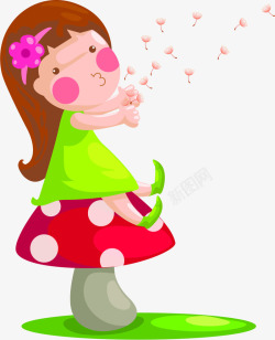 吹落的蒲公英卡通女孩吹蒲公英梦想蘑菇可爱高清图片