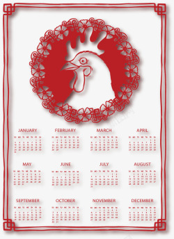 大公鸡日历红色边框公鸡日历矢量图高清图片