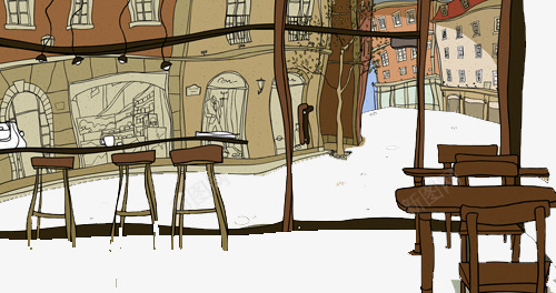 手绘店内窗外场景png免抠素材_新图网 https://ixintu.com 插画 木椅 桌子椅子 漫画