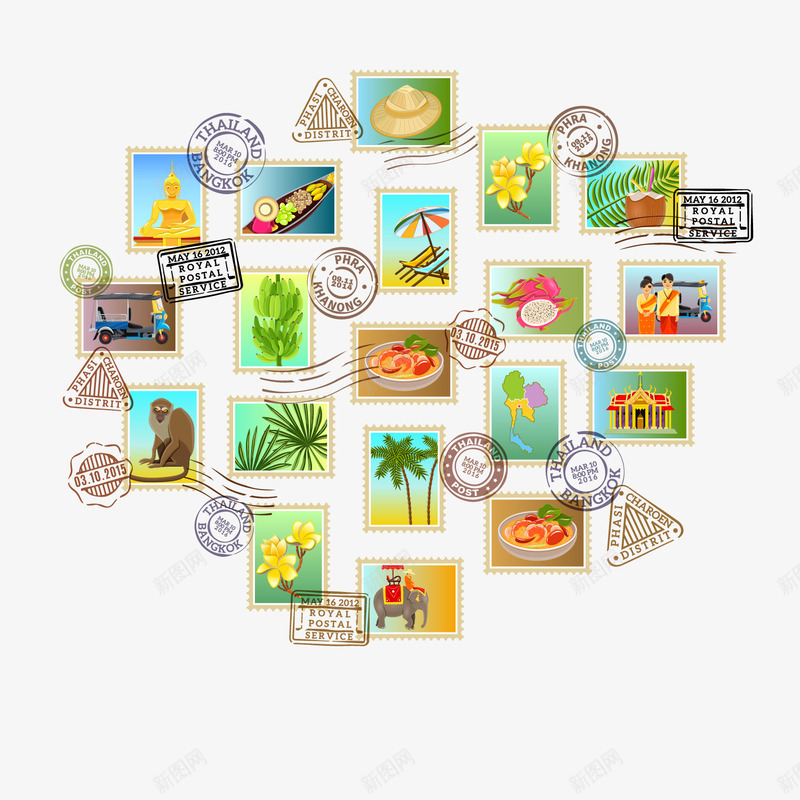 泰国风情旅行邮票png免抠素材_新图网 https://ixintu.com 卡通邮票 旅行邮票 泰国风情 背景装饰
