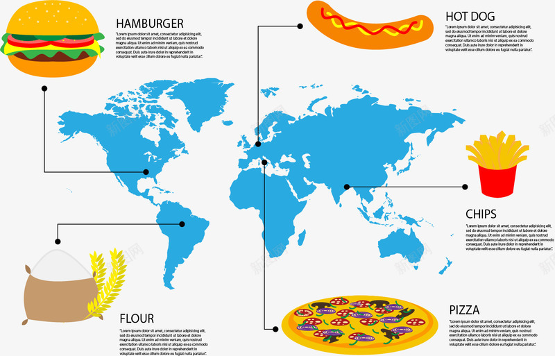 世界美食地图png免抠素材_新图网 https://ixintu.com 世界美食 分类 矢量素材 美食分布 蓝色地图