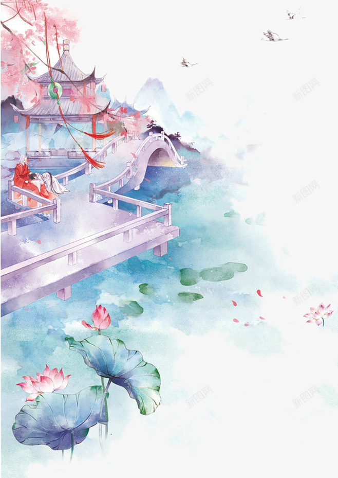 古风水彩画png免抠素材_新图网 https://ixintu.com 中国风 古风 拱桥 水彩画 池塘 背景元素