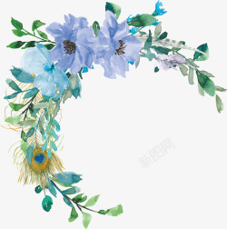 蓝色小花卉手绘卡通蓝色花卉花环高清图片