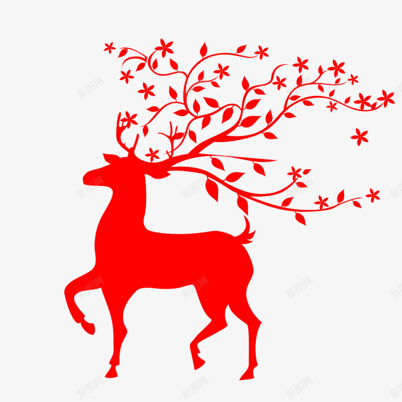 小鹿剪纸png免抠素材_新图网 https://ixintu.com 剪影 圣诞元素免费素材 圣诞节 红色