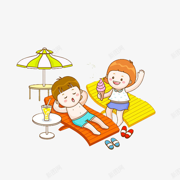 两个在沙滩度假的小朋友png免抠素材_新图网 https://ixintu.com 享受 冰淇淋 卡通手绘 小女孩 小男孩 度假 闭眼睛 闭着的眼睛