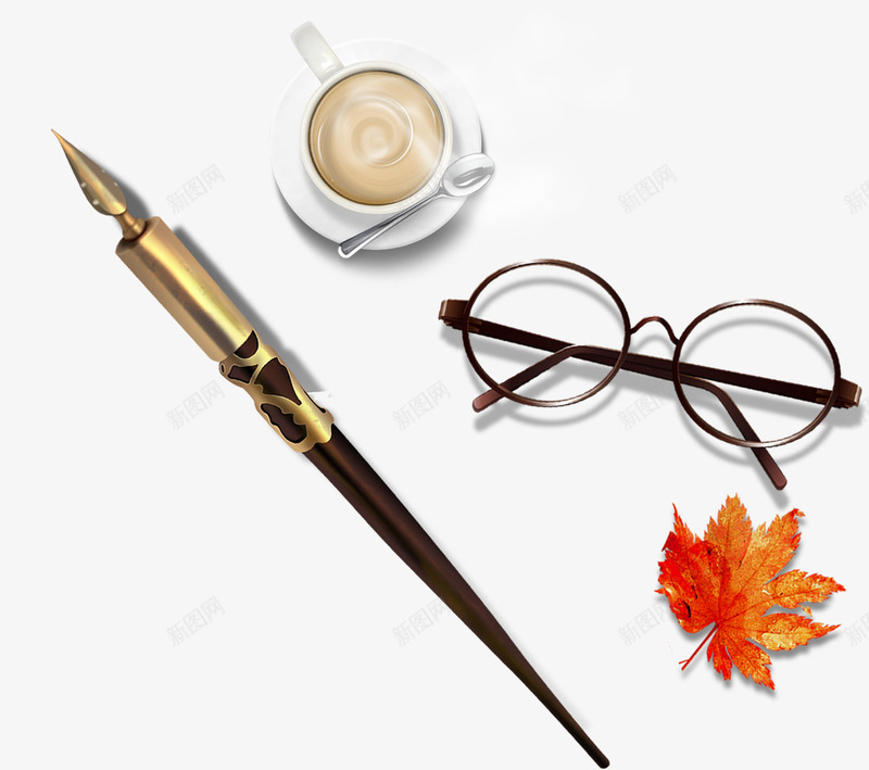 文艺小物品psd免抠素材_新图网 https://ixintu.com 一杯咖啡 复古钢笔 枫树叶 眼镜 钢笔图案