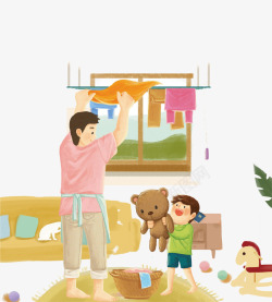洗衣服的男孩卡通手绘做家务的父亲插画高清图片