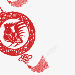 中国结新年快乐红色公鸡剪纸高清图片