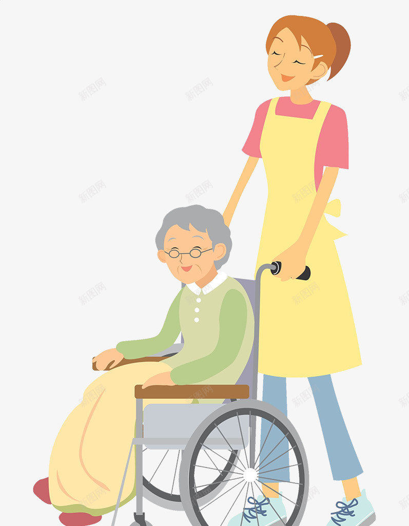 卡通插图热心义工png免抠素材_新图网 https://ixintu.com 义工 卡通插图 坐轮椅的老人 推轮椅 热心 老人 老人陪护 高兴