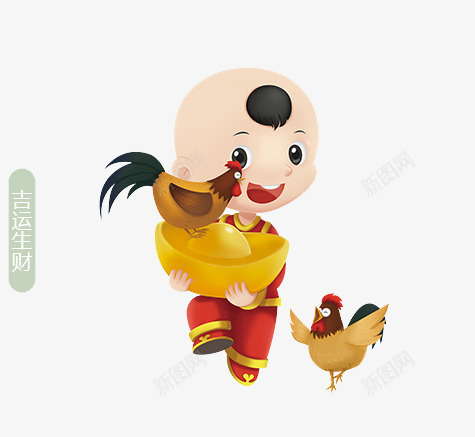 卡通抱着大公鸡的小男孩png免抠素材_新图网 https://ixintu.com 元宝 大公鸡 小男孩 年画 手绘 贴画 骑着公鸡的小男孩