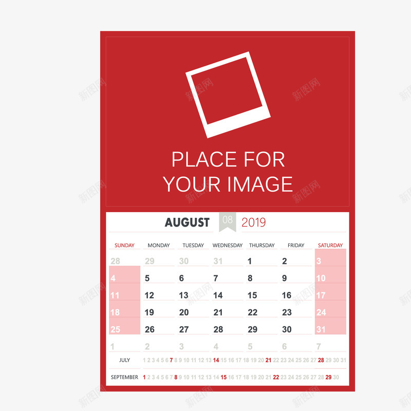 红白色2019年8月日历矢量图ai免抠素材_新图网 https://ixintu.com 2019年 8月 8月日历 白色 红色 英文 矢量图