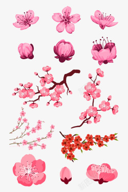 樱花树枝手绘精美粉色手绘桃花高清图片