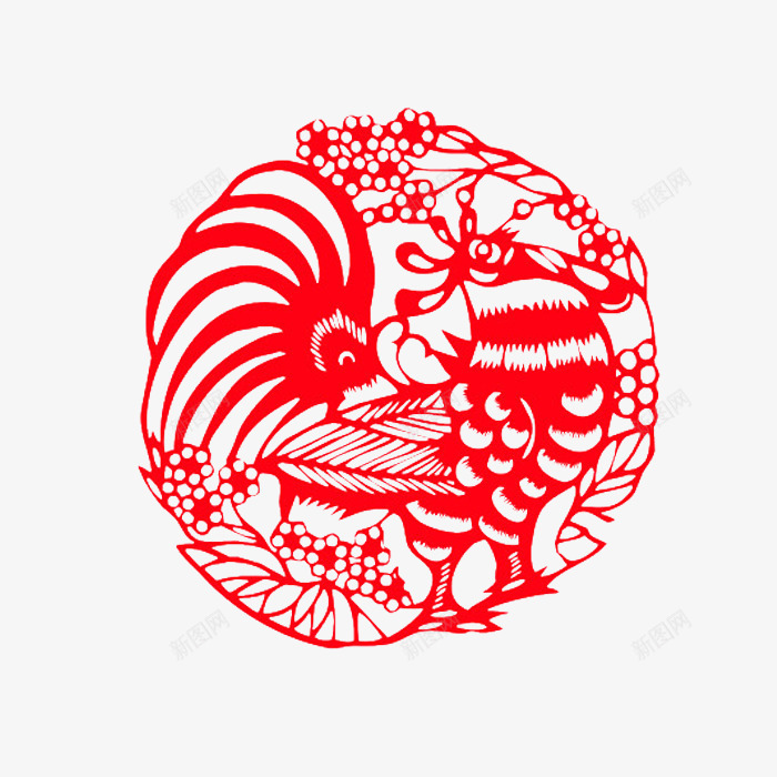 红色鸡年剪纸png免抠素材_新图网 https://ixintu.com 中国文化 剪纸 红色 花朵纹样 鸡年剪纸素材