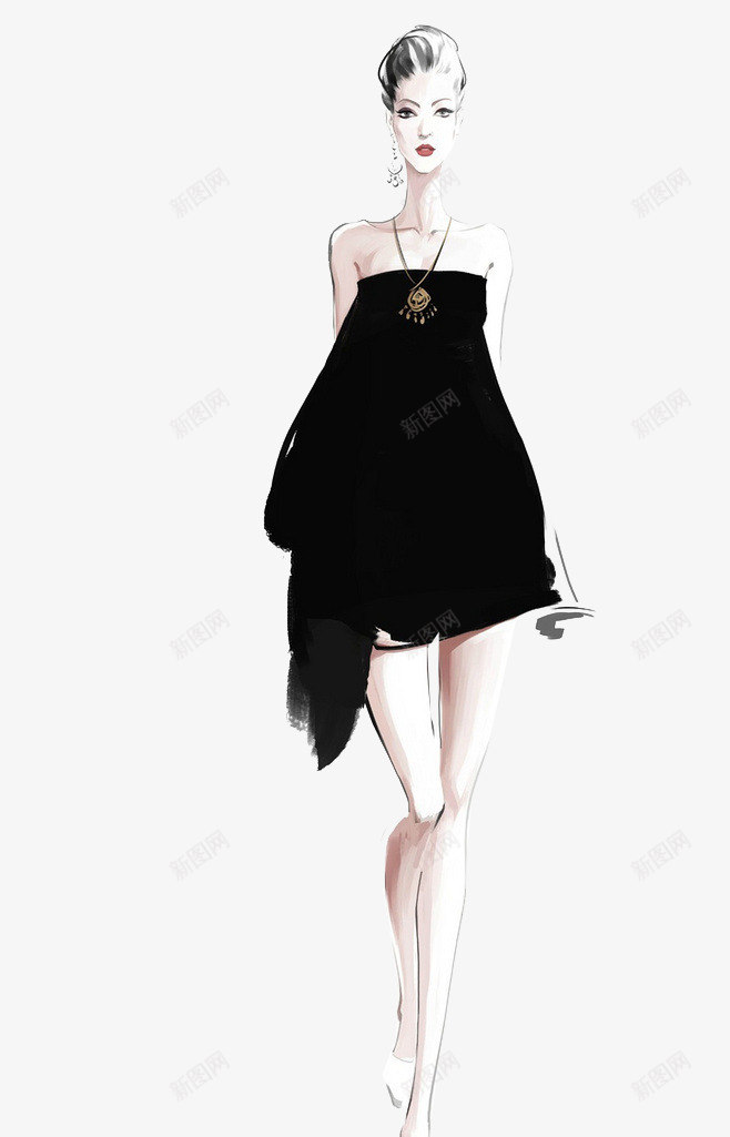 美女png免抠素材_新图网 https://ixintu.com 手绘 服装 模特 设计 黑裙
