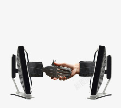 面对电脑商务科技电脑机器人握手高清图片