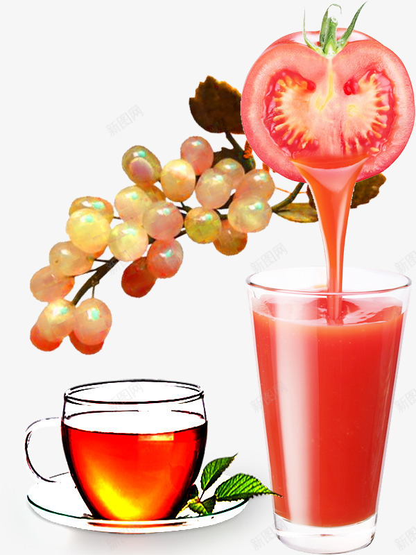 美味的番茄汁和葡萄png免抠素材_新图网 https://ixintu.com 健康饮食 富含营养 水果 番茄汁 美味口感 葡萄 香甜风格
