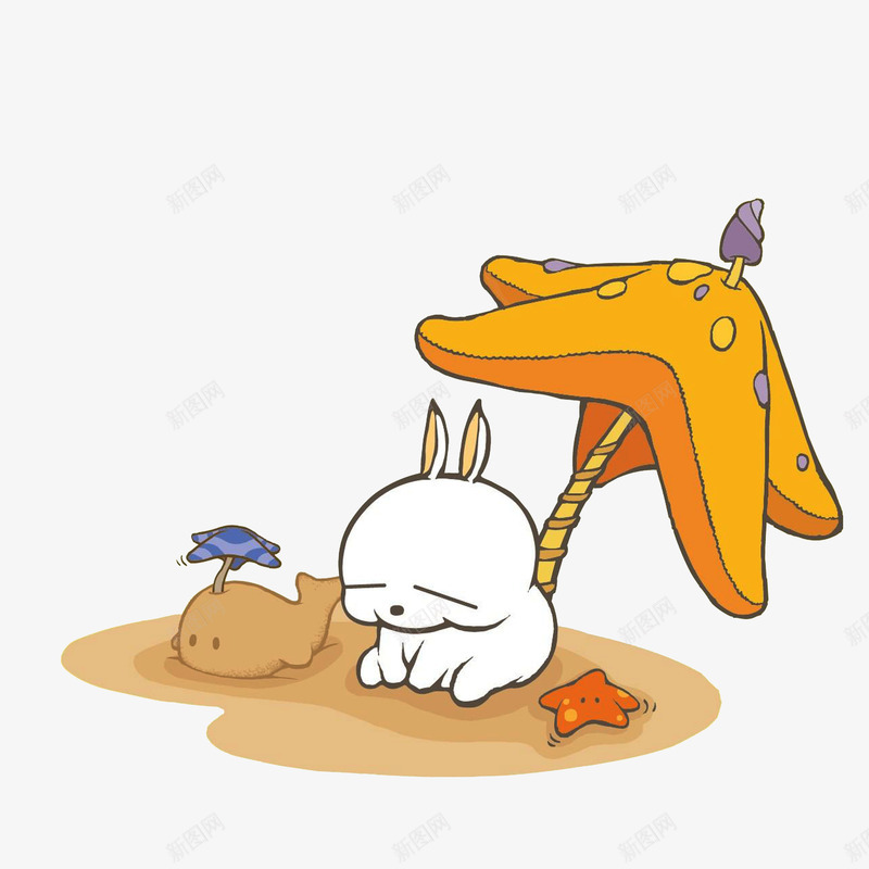 低头瘫坐在沙滩上的流氓兔png免抠素材_新图网 https://ixintu.com 低头卡通 低头瘫坐 卡通插画 沙滩 海星 海豚