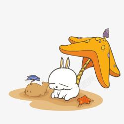 低头瘫坐在沙滩上的流氓兔素材