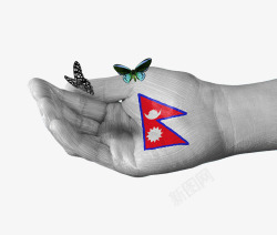 创意风格尼泊尔国旗手绘蝴蝶图案素材