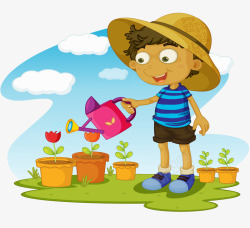 卡通小男孩浇花植树节素材