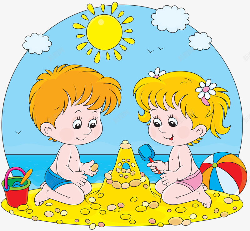 海滩游乐png免抠素材_新图网 https://ixintu.com 儿童 卡通 卡通云朵 堆沙堆 女孩 手绘 沙滩 海滩 男孩 皮球 蓝色 鹅卵石 黄色