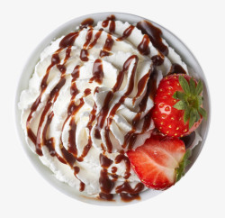 西点房蛋糕白色碟子里的水果巧克力酱料奶油高清图片