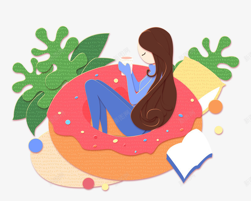 卡通手绘坐在甜甜圈里的女孩psd免抠素材_新图网 https://ixintu.com 书本 卡通 喝茶的女孩 坐在甜甜圈里的 女孩 手绘 绿色叶子