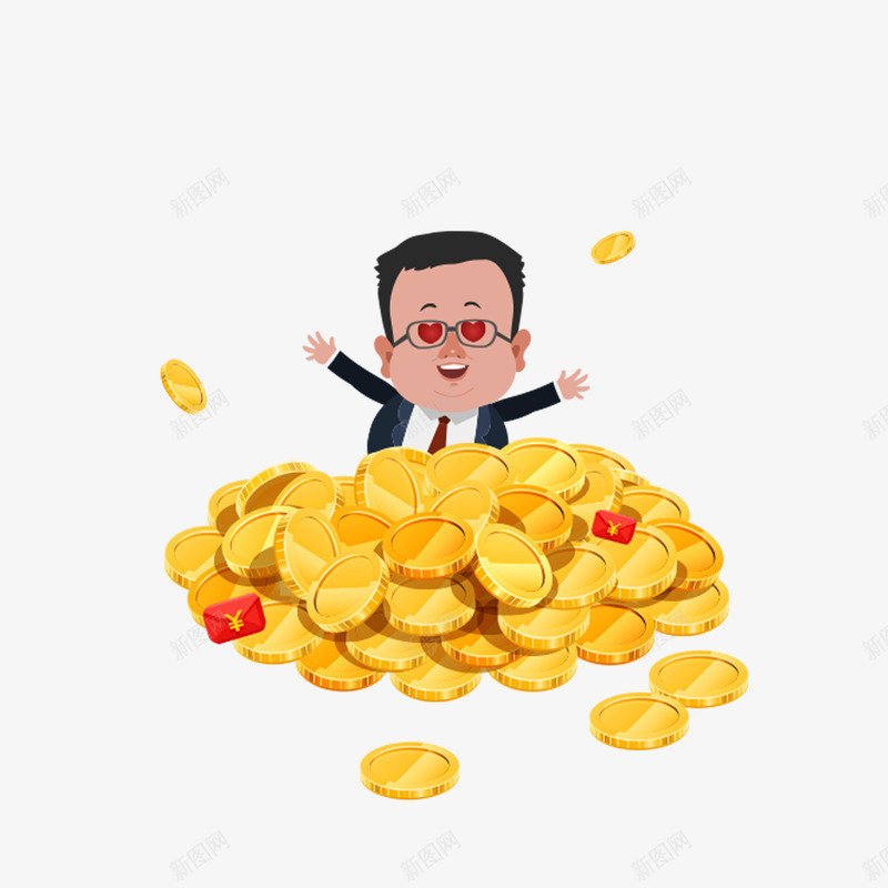 卡通眼冒爱心坐在一堆金币里开心psd免抠素材_新图网 https://ixintu.com 一堆金币 卡通眼冒爱心坐在一堆金币里开心的男子免扣图免费下载 开心男子 戴眼镜 眼冒爱心 西装男