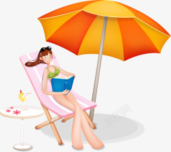 卡通手绘太阳伞沙滩椅美女看书素材