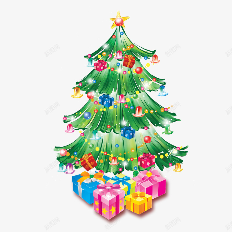 缤纷圣诞树和礼物盒png免抠素材_新图网 https://ixintu.com 圣诞节素材 彩色灯泡 粉色礼物盒 绿色圣诞树 蝴蝶结