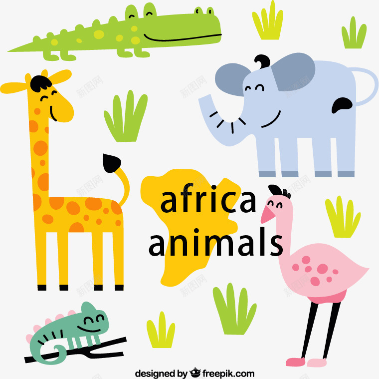 非洲动物png免抠素材_新图网 https://ixintu.com 卡通非洲动物野生动物鳄鱼大象长颈鹿鸵鸟变色龙草矢量图