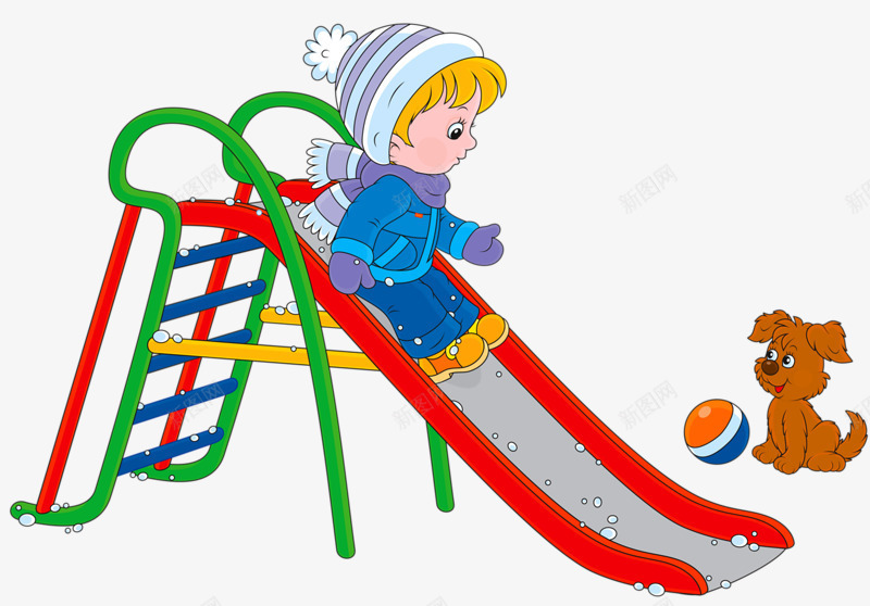 玩滑滑梯的小孩png免抠素材_新图网 https://ixintu.com 儿童 卡通 小狗 玩滑滑梯 皮球 童趣