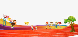 纸飞机孩子卡通手绘操场上玩耍的孩子高清图片