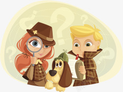 卡通男侦探可爱插图侦探与小狗高清图片