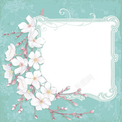白边框蓝背景手绘白樱花文本高清图片
