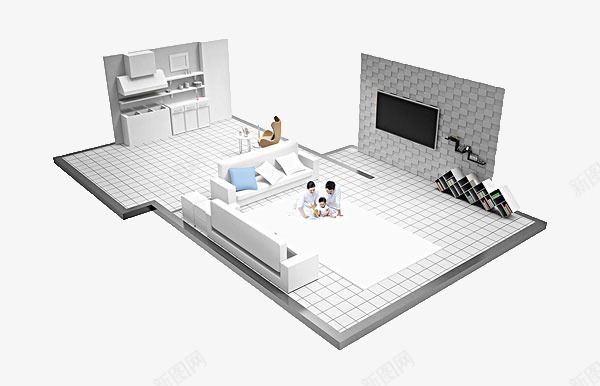 客厅与厨房png免抠素材_新图网 https://ixintu.com 一家人 建筑地产 开放式厨房 房间模型 效果图 装饰