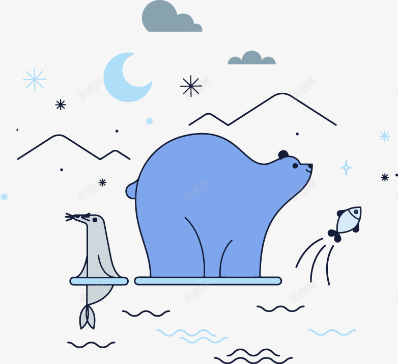 北极熊和海狮png免抠素材_新图网 https://ixintu.com 北极 北极熊 小鱼 海狮 矢量北极熊