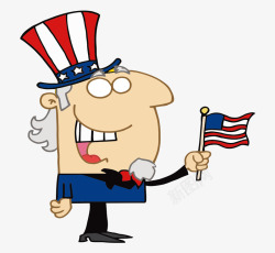 卡通手绘美国老人拿美国旗素材