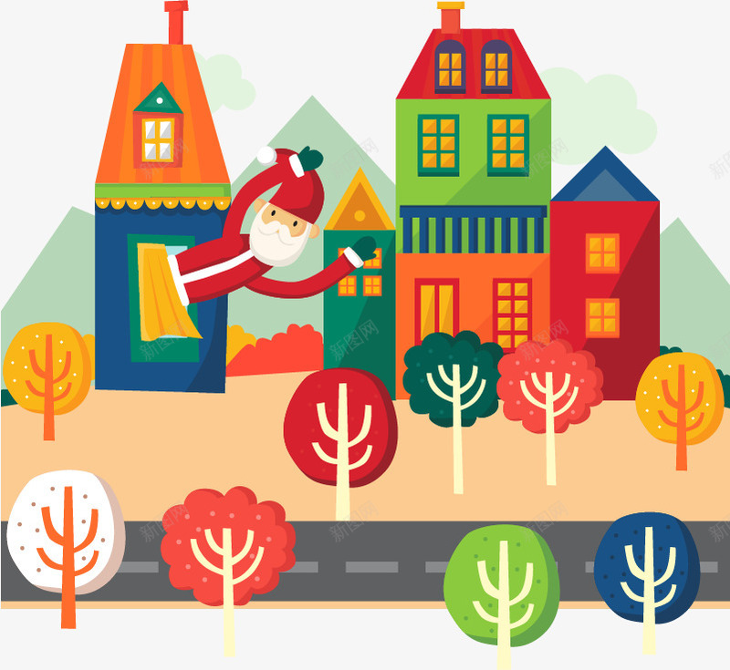 窗户打招呼圣诞老人png免抠素材_新图网 https://ixintu.com 免抠png素材 免费png素材 圣诞老人 小镇街景 彩色大树 彩色小房子