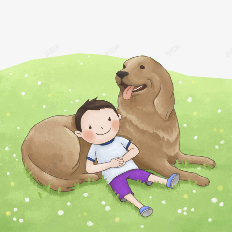 依靠狗狗躺在草地上的男孩png免抠素材_新图网 https://ixintu.com 卡通插画 可爱 手绘 狗 男孩 草地上的人 躺在草地上
