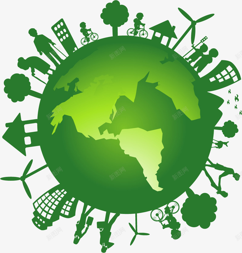 绿色环保地球人物剪影png免抠素材_新图网 https://ixintu.com 可再生能源 可持续发展 地球 环保 绿色人物剪影 绿色地球