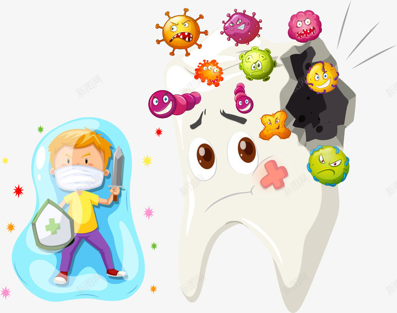 细菌和拿盾牌的男孩png免抠素材_新图网 https://ixintu.com 人物 创意牙齿 卡通牙齿 牙齿 男孩 盾牌男孩 细菌