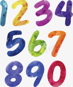 手绘水彩数字10彩色水彩手绘数字0到9矢量图高清图片