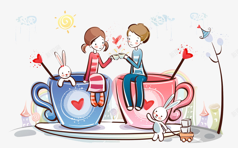 手绘情侣插画png免抠素材_新图网 https://ixintu.com 卡通人物 情侣 手绘 插画
