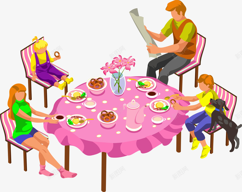 卡通版粉色的餐桌png免抠素材_新图网 https://ixintu.com 动漫动画 卡通手绘 家人 小狗 装饰图 食物 餐桌
