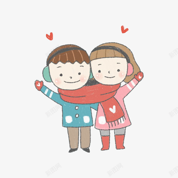 围着红围巾卡通情侣png免抠素材_新图网 https://ixintu.com 可爱的 在一起 恩爱的 打招呼 挥手的 捆绑的 红围巾